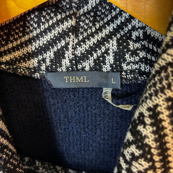 THML Navy Blue Sweater Knit LS Short Dress With Geometric Cowl Neck Size L - Picture 5 of 13